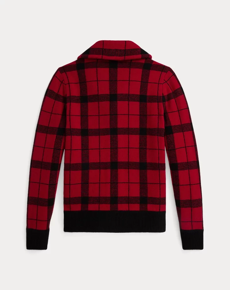 Plaid Wool Shawl-Collar Cardigan