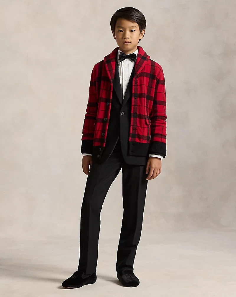 Plaid Wool Shawl-Collar Cardigan