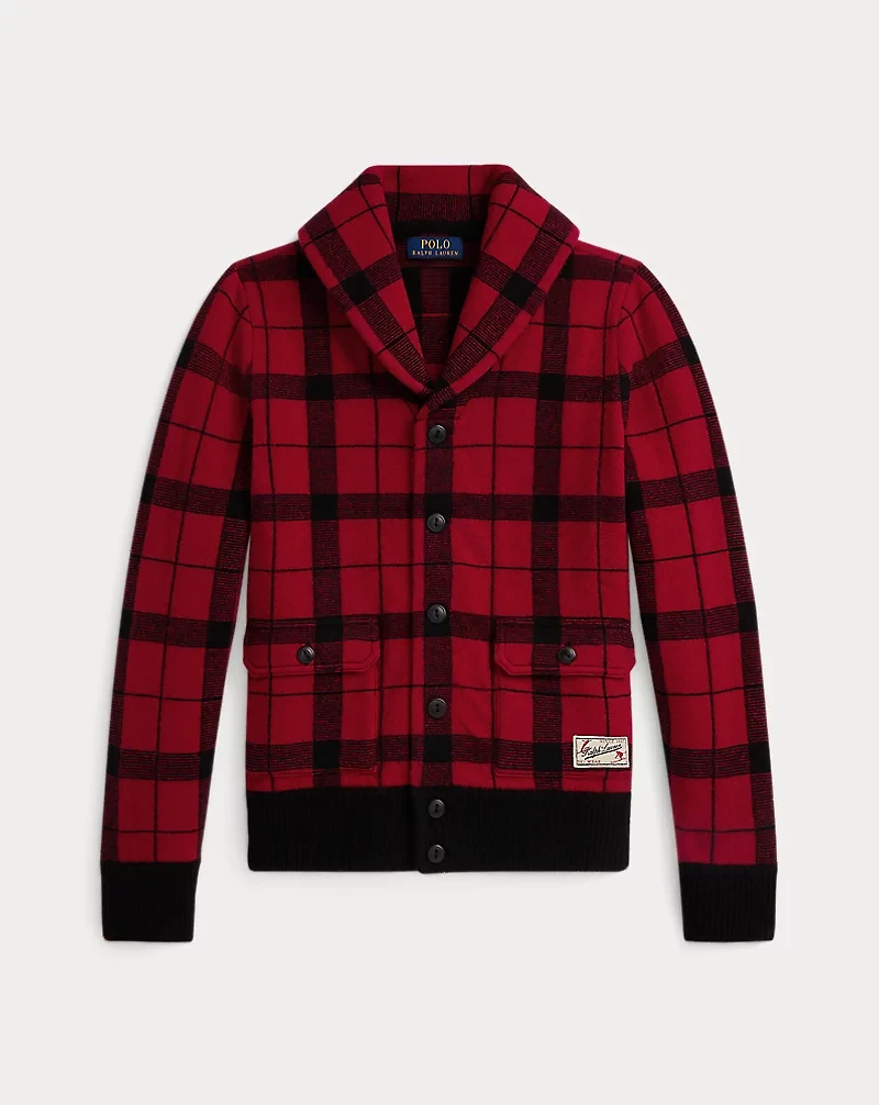 Plaid Wool Shawl-Collar Cardigan