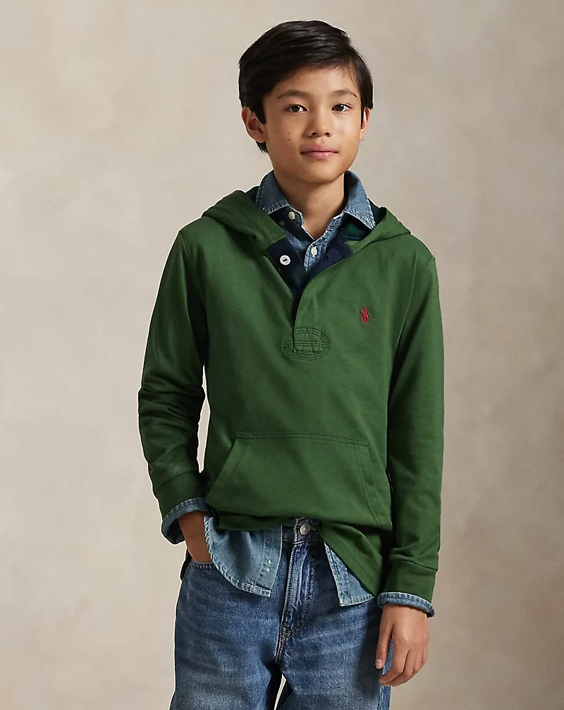 Plaid-Trim Hooded Rugby Shirt