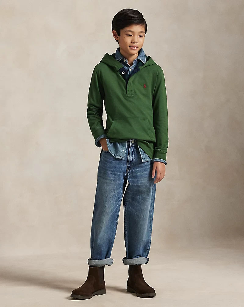 Plaid-Trim Hooded Rugby Shirt