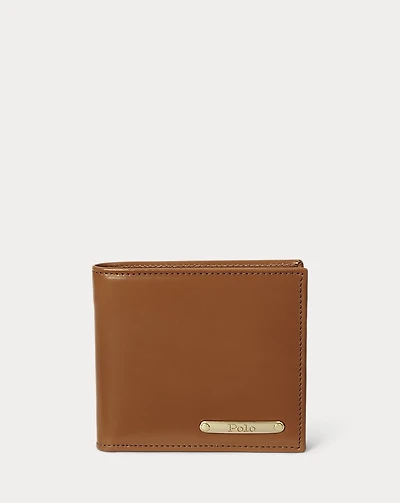 Metal-Plaque Leather Billfold Wallet