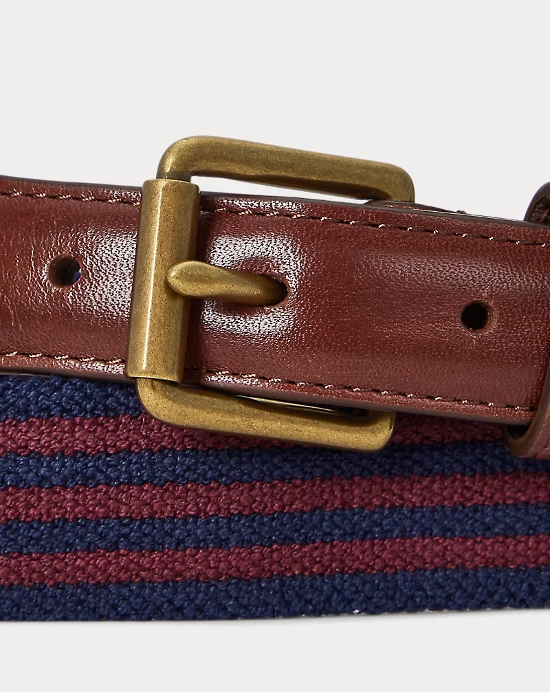 Leather-Trim Striped Belt