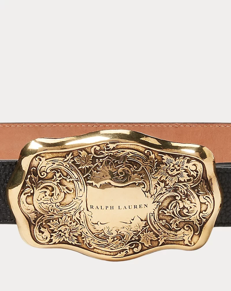 Tooled-Buckle Pebbled Calfskin Belt