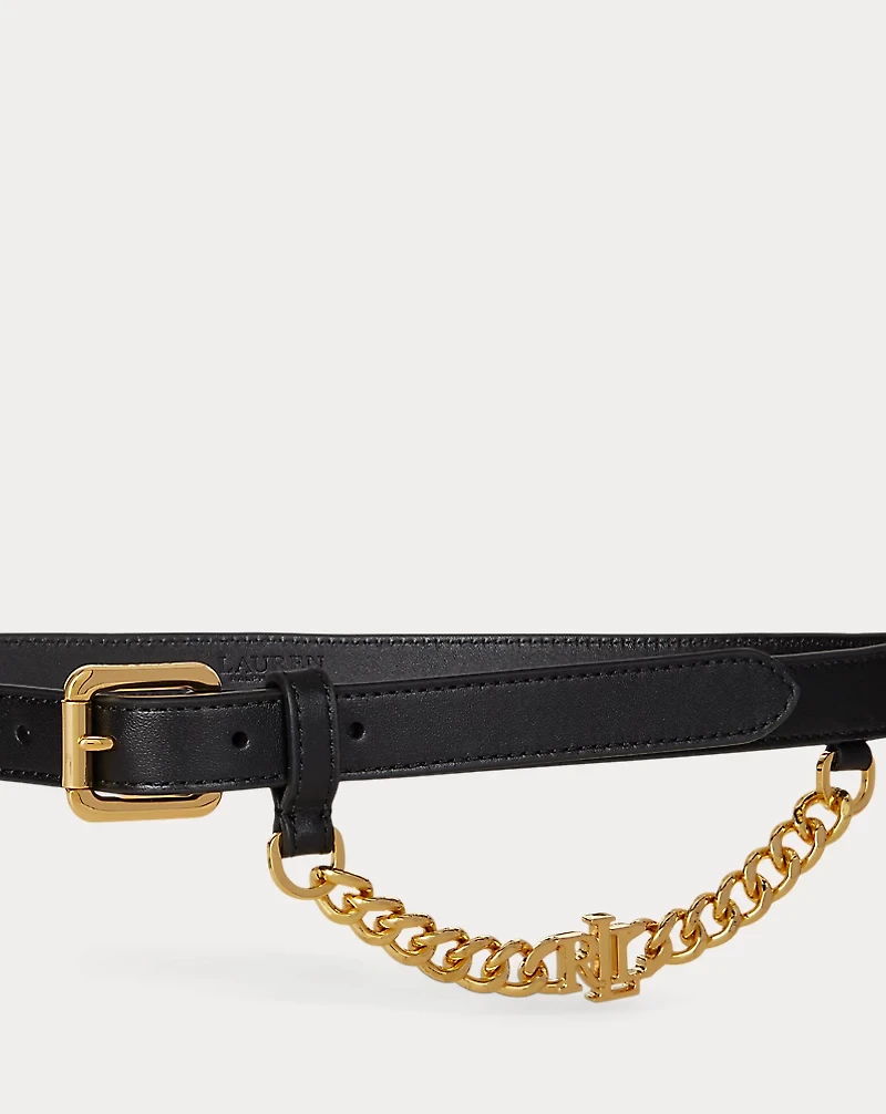 Logo-Chain Leather Skinny Belt
