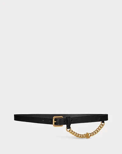 Logo-Chain Leather Skinny Belt
