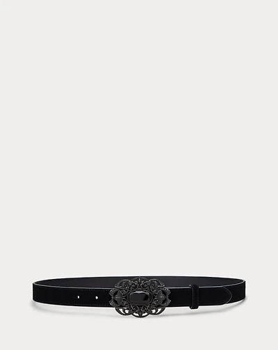Stone-Buckle Suede Skinny Belt