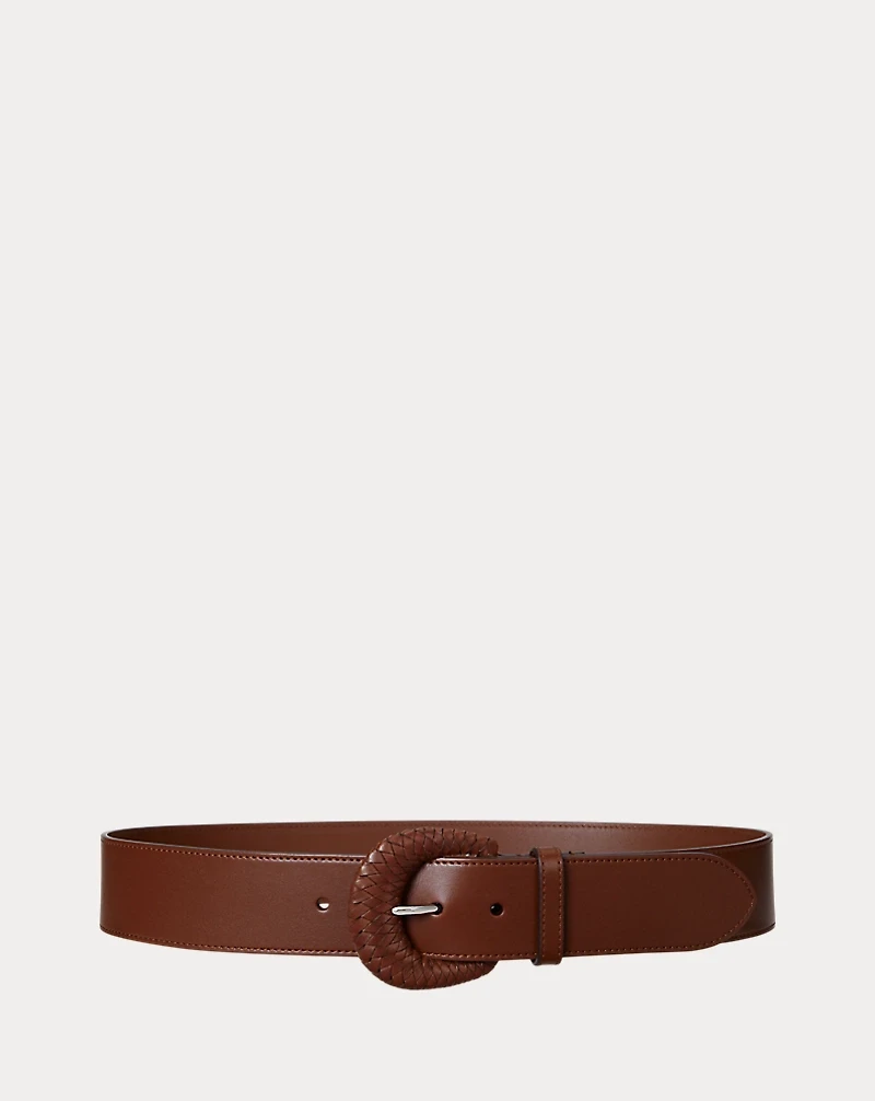 Woven-Buckle Vachetta Leather Wide Belt
