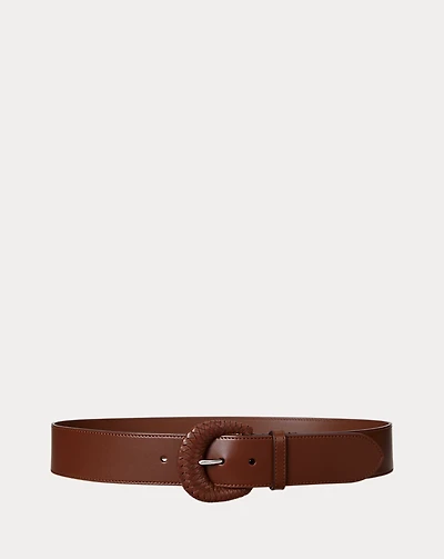 Woven-Buckle Vachetta Leather Wide Belt