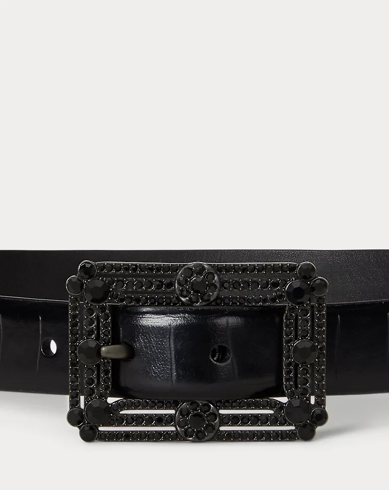 Embellished-Buckle Embossed Skinny Belt