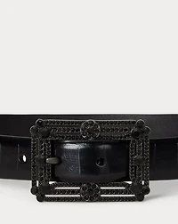 Embellished-Buckle Embossed Skinny Belt