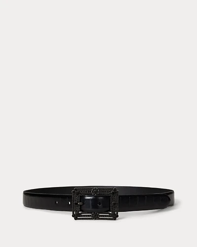 Embellished-Buckle Embossed Skinny Belt