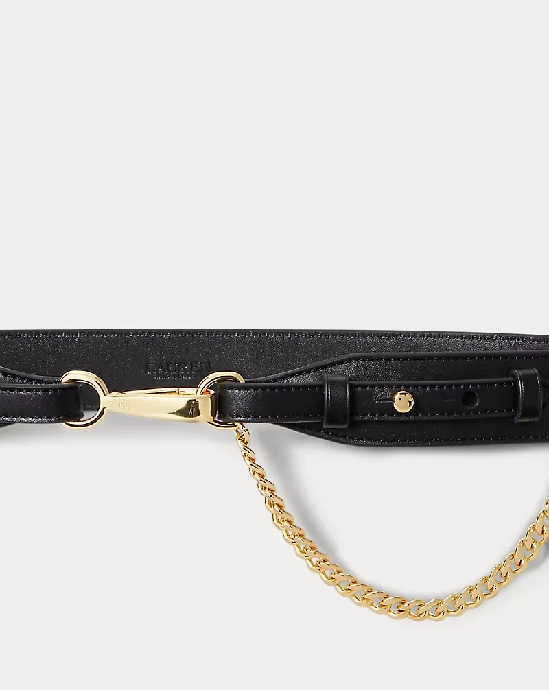 Chain-Trim Leather Dog-Clip Belt
