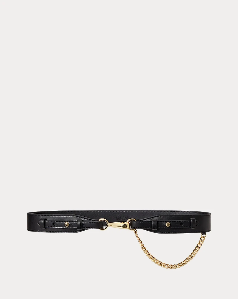 Chain-Trim Leather Dog-Clip Belt