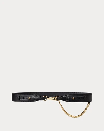 Chain-Trim Leather Dog-Clip Belt