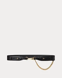 Chain-Trim Leather Dog-Clip Belt