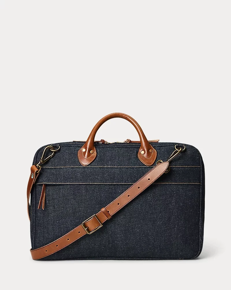 Leather-Trim Indigo Denim Briefcase