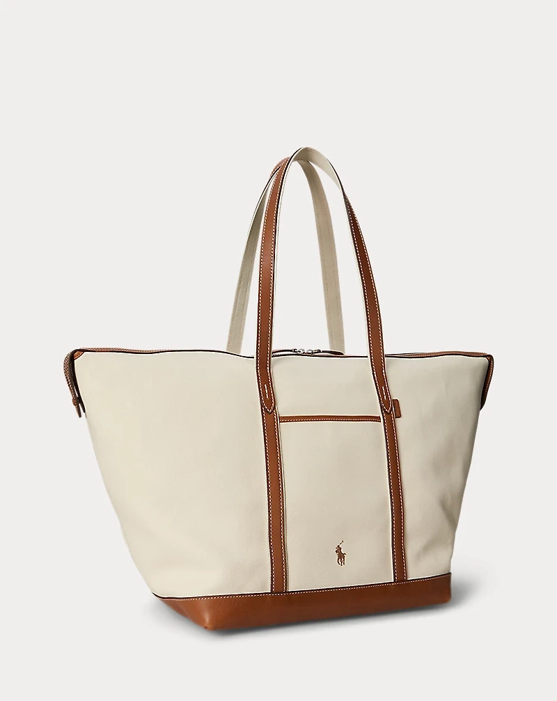 Leather-Trim Canvas Large Shopper Tote