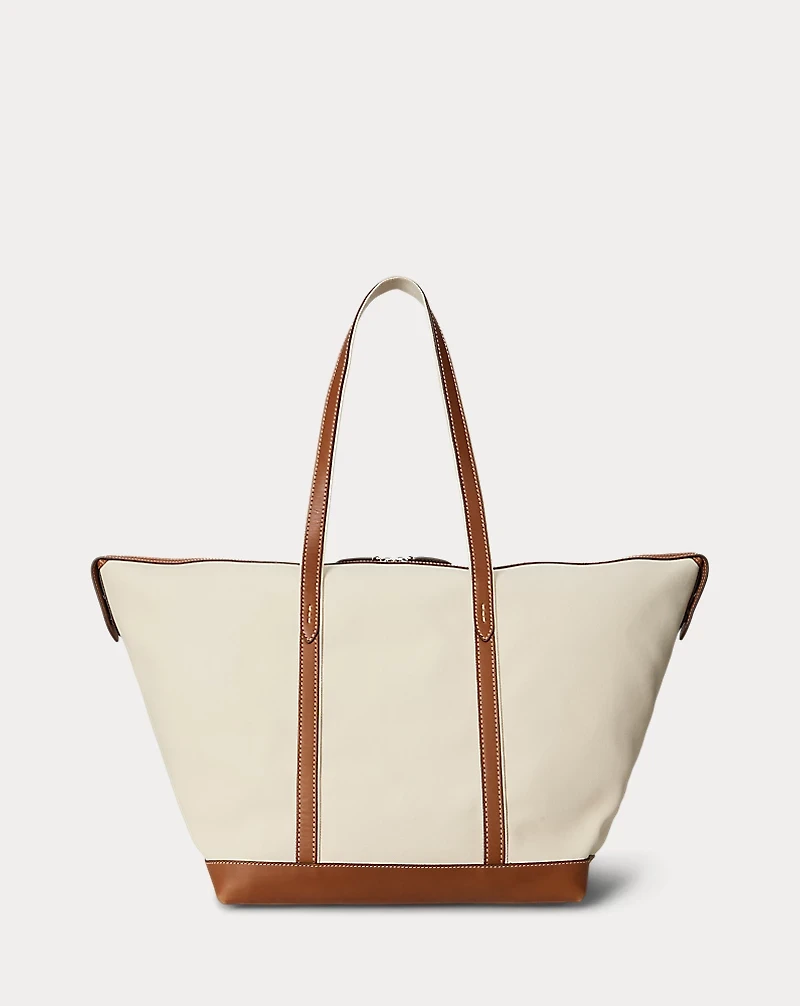 Leather-Trim Canvas Large Shopper Tote