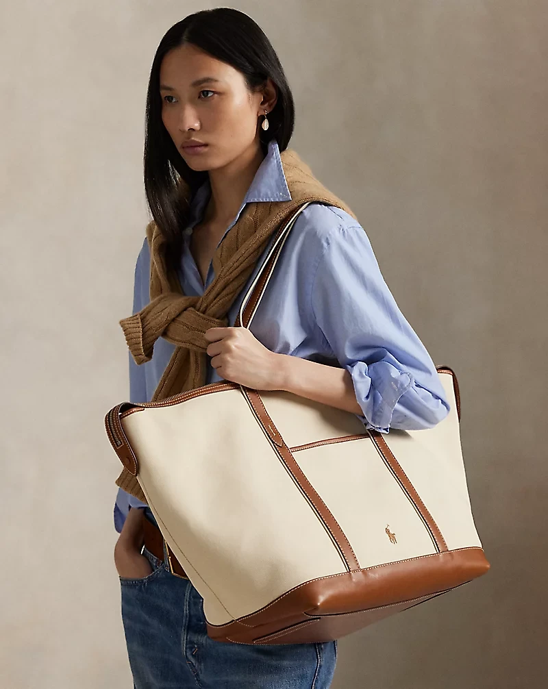 Leather-Trim Canvas Large Shopper Tote