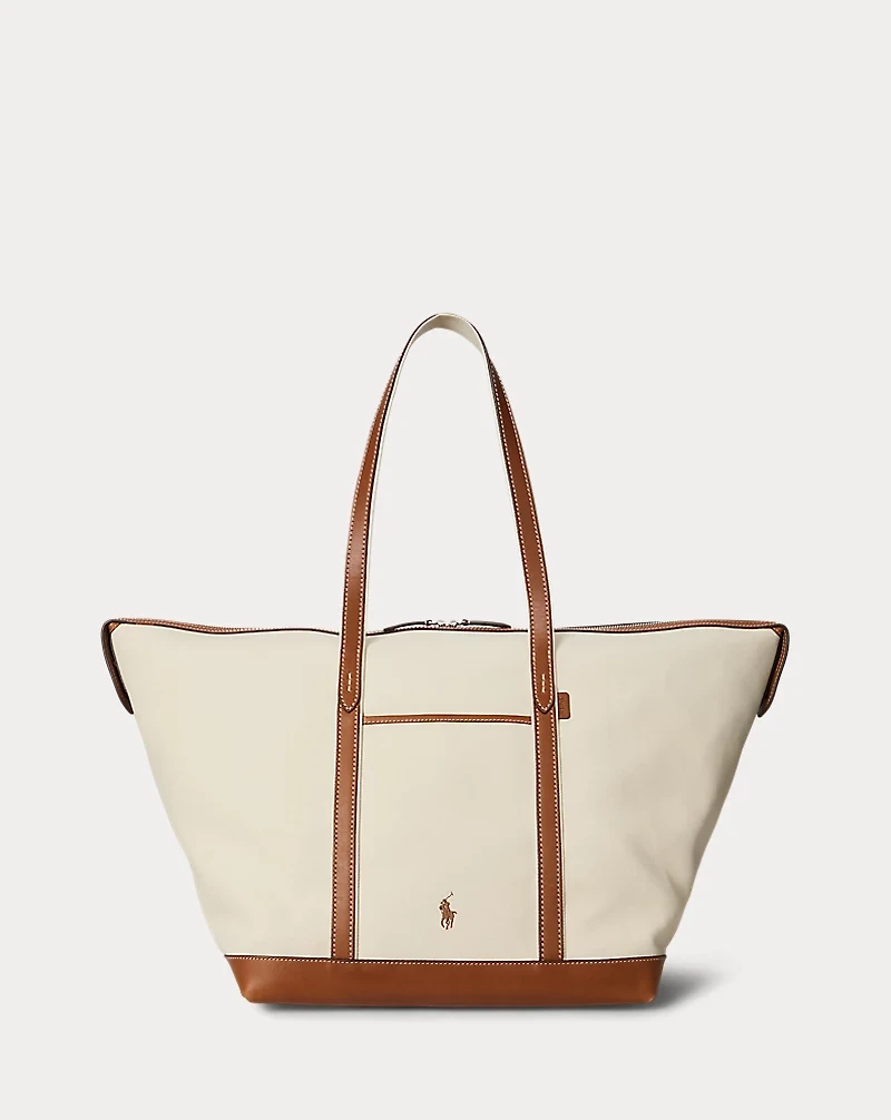 Leather-Trim Canvas Large Shopper Tote