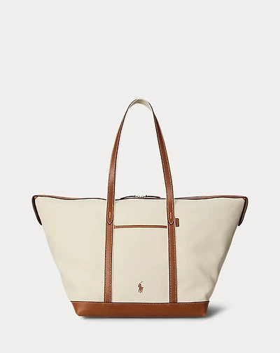 Leather-Trim Canvas Large Shopper Tote
