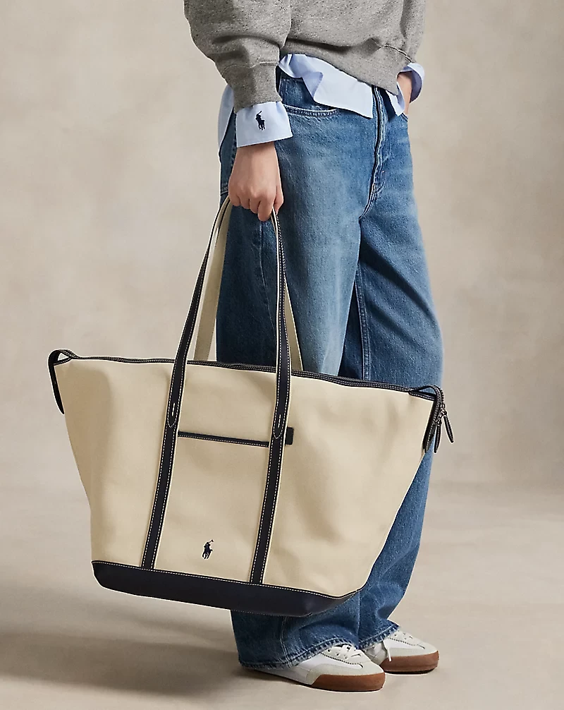 Leather-Trim Canvas Large Shopper Tote