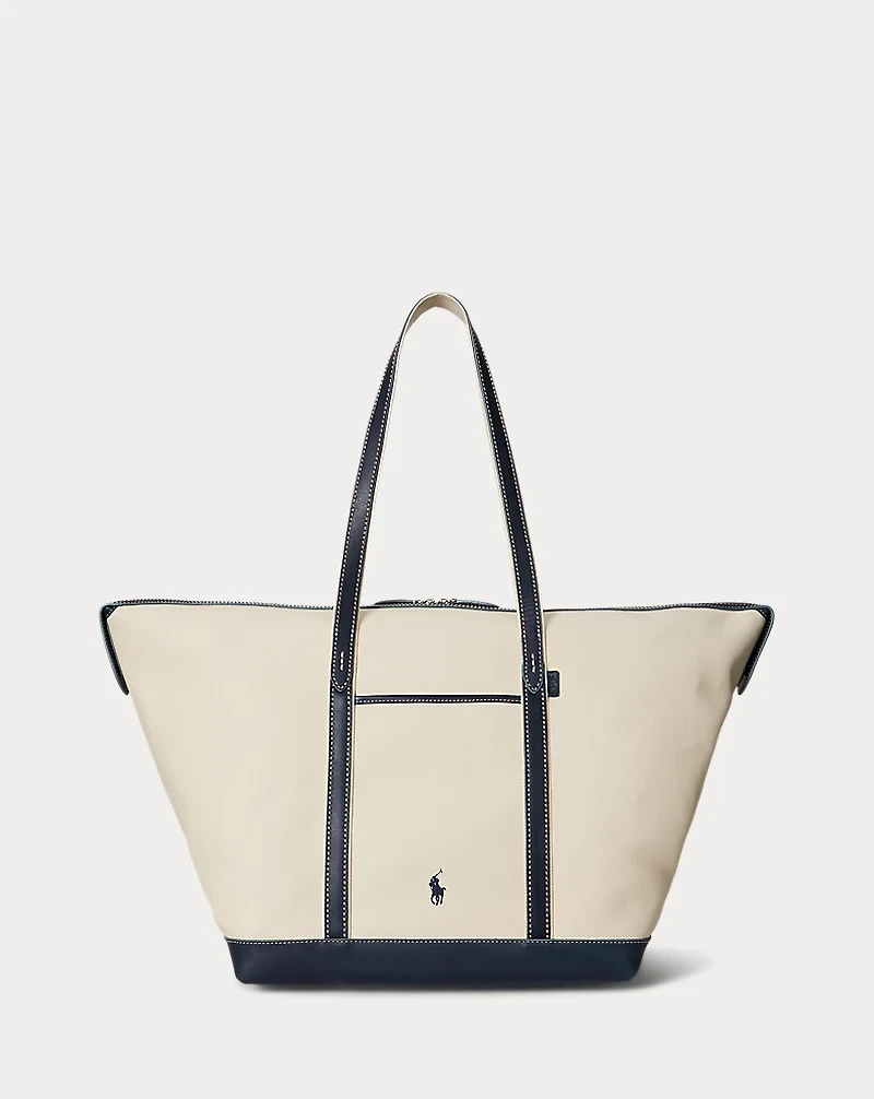 Leather-Trim Canvas Large Shopper Tote
