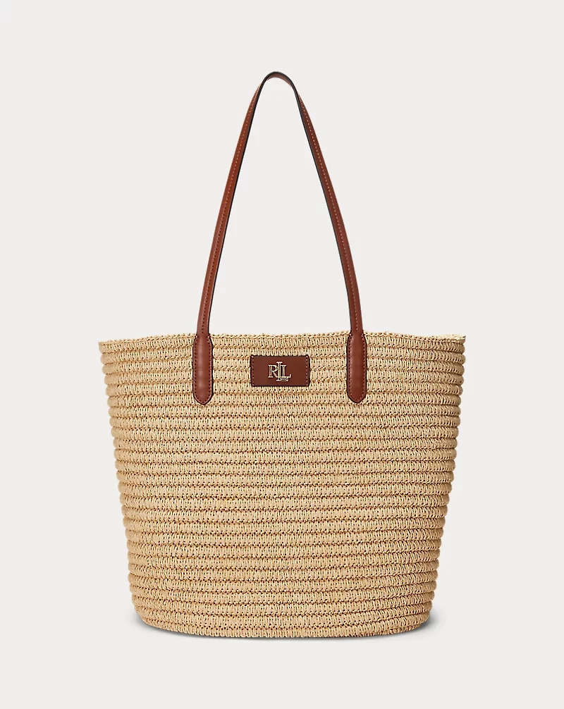 Leather-Trim Straw Large Brie Tote Bag