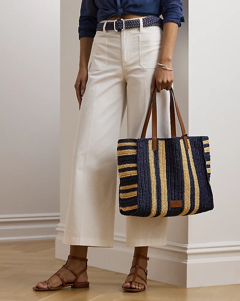 Striped Woven Straw Large Wilow Tote Bag