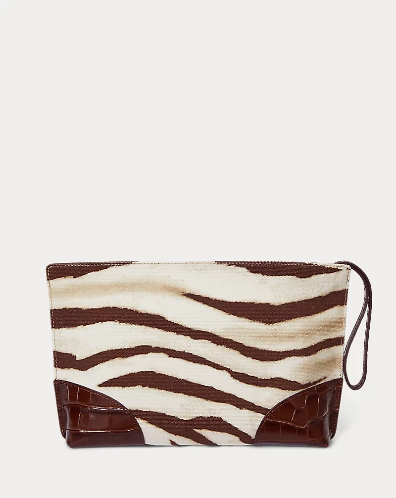 Zebra-Print Canvas & Leather Large Pouch