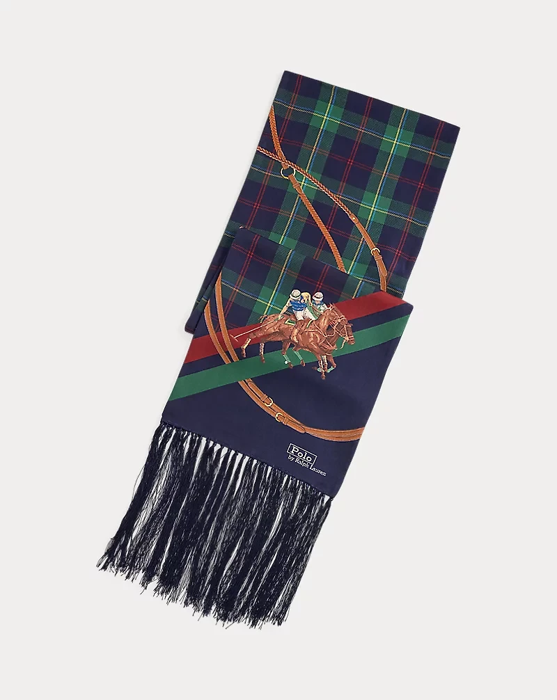 Tasseled Equestrian-Plaid Silk Scarf