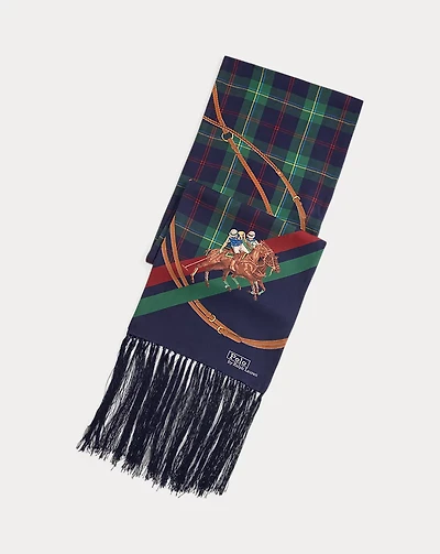 Tasseled Equestrian-Plaid Silk Scarf
