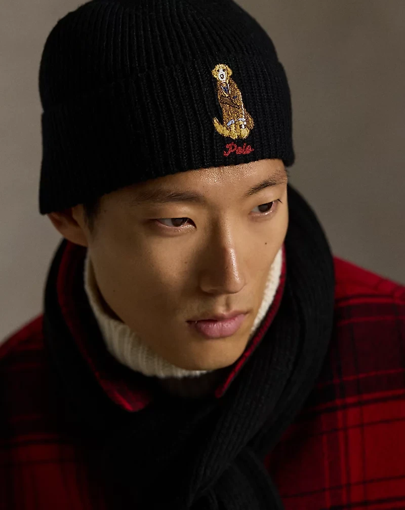 Dog-Embroidered Rib-Knit Beanie