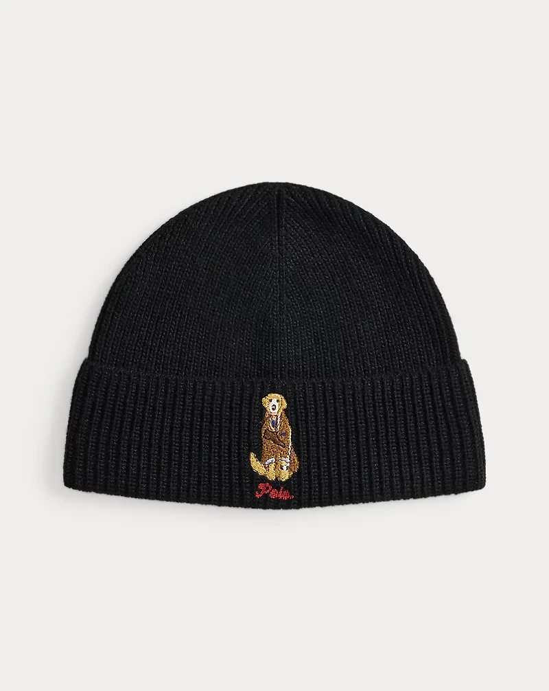 Dog-Embroidered Rib-Knit Beanie