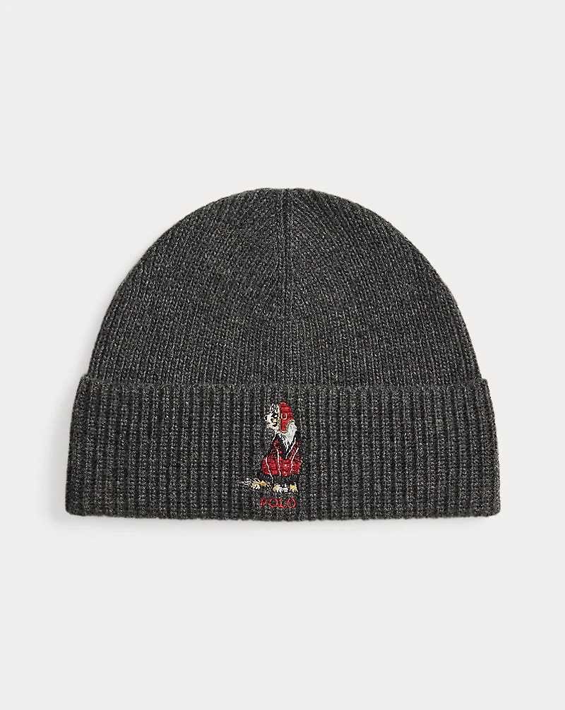 Dog-Embroidered Rib-Knit Beanie