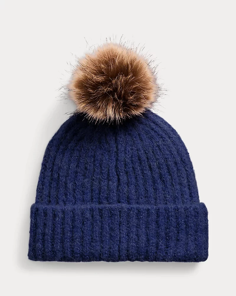 Leather-Trim Pom-Pom Rib-Knit Beanie