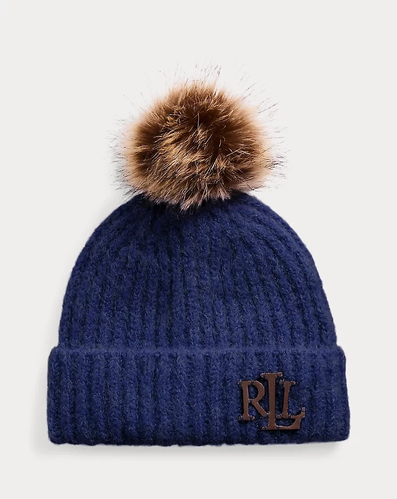 Leather-Trim Pom-Pom Rib-Knit Beanie