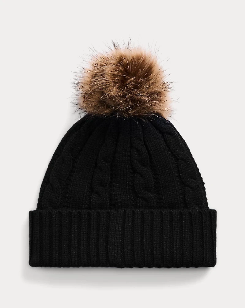 Crest-Patch Pom-Pom Cable-Knit Beanie