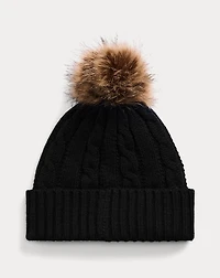 Crest-Patch Pom-Pom Cable-Knit Beanie