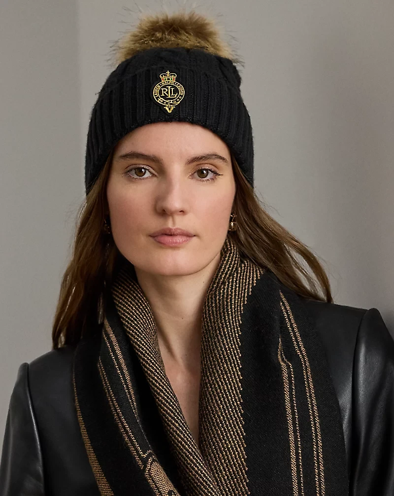 Crest-Patch Pom-Pom Cable-Knit Beanie