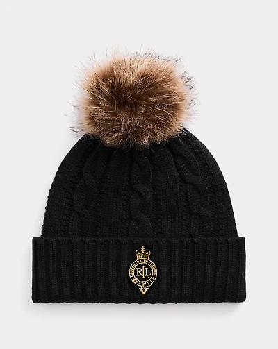 Crest-Patch Pom-Pom Cable-Knit Beanie