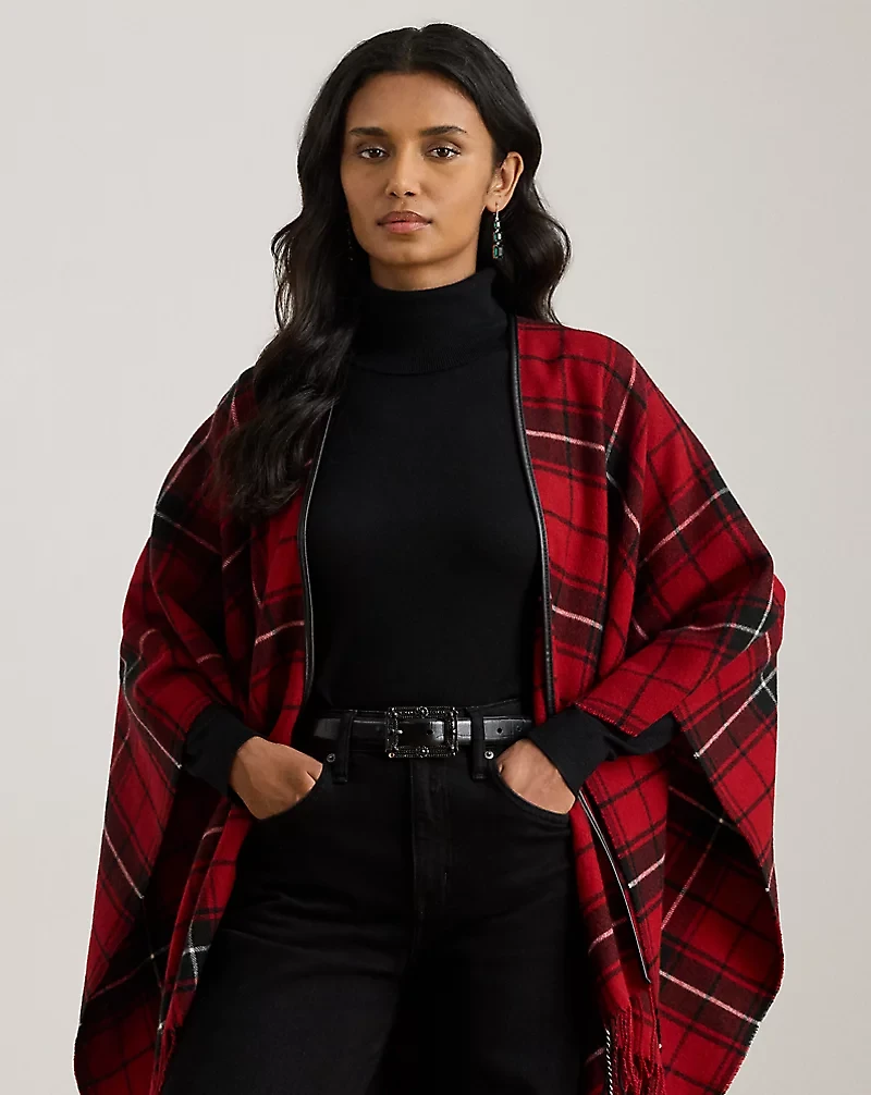 Plaid Faux-Leather-Trim Ruana