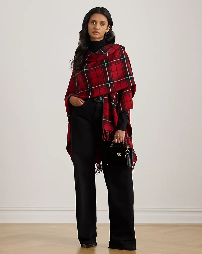 Plaid Faux-Leather-Trim Ruana