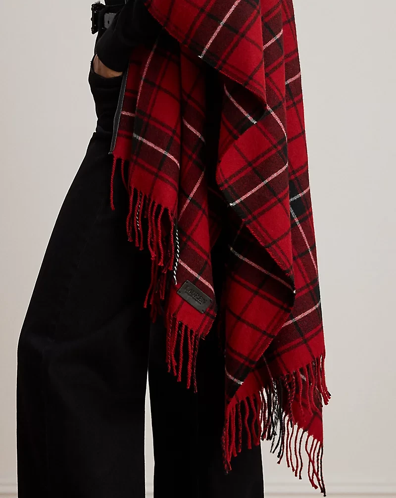 Plaid Faux-Leather-Trim Ruana