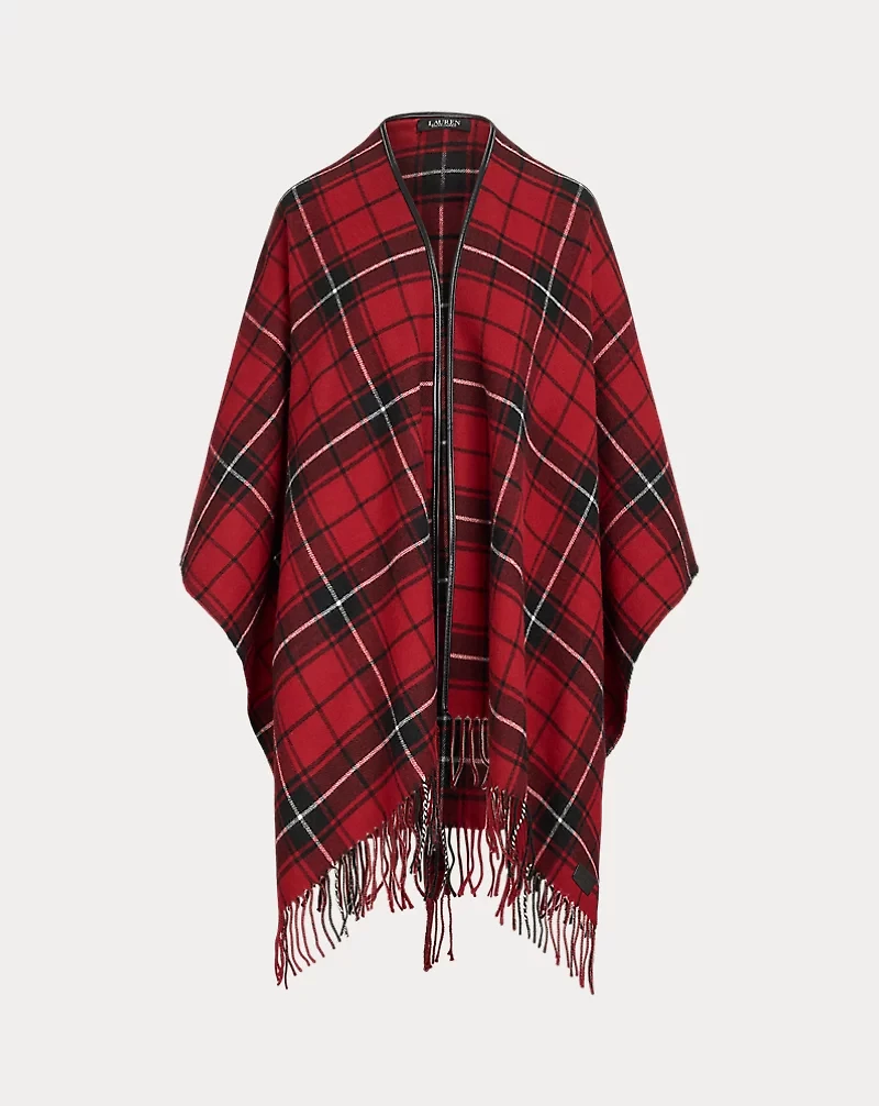 Plaid Faux-Leather-Trim Ruana