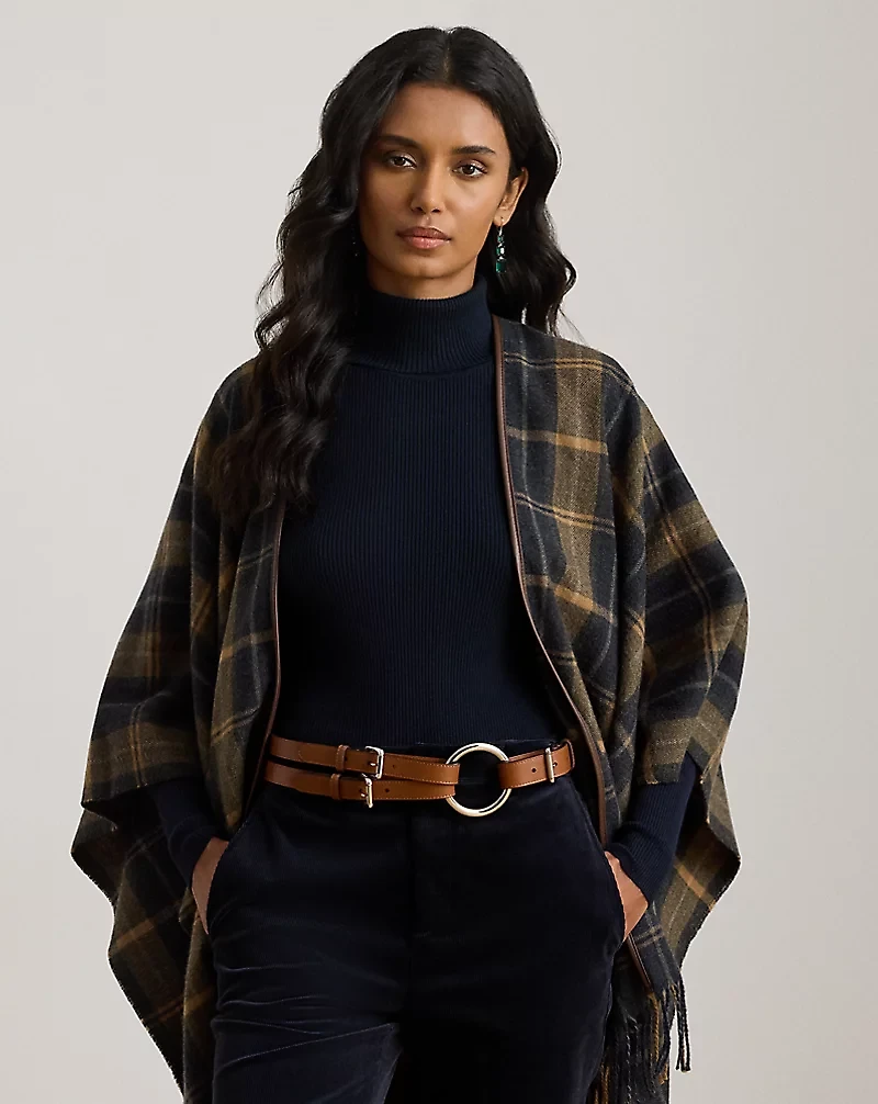 Plaid Faux-Leather-Trim Ruana