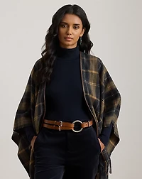 Plaid Faux-Leather-Trim Ruana