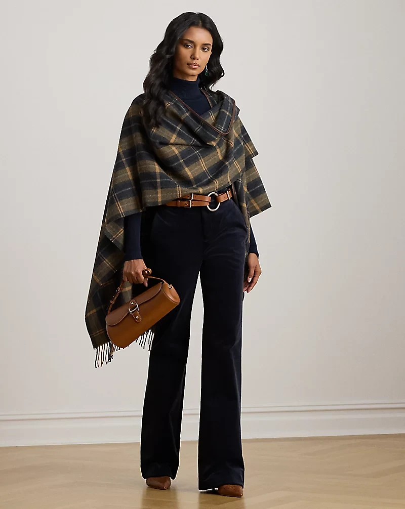 Plaid Faux-Leather-Trim Ruana