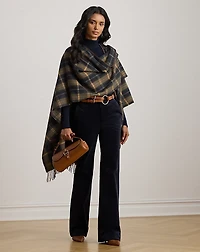 Plaid Faux-Leather-Trim Ruana